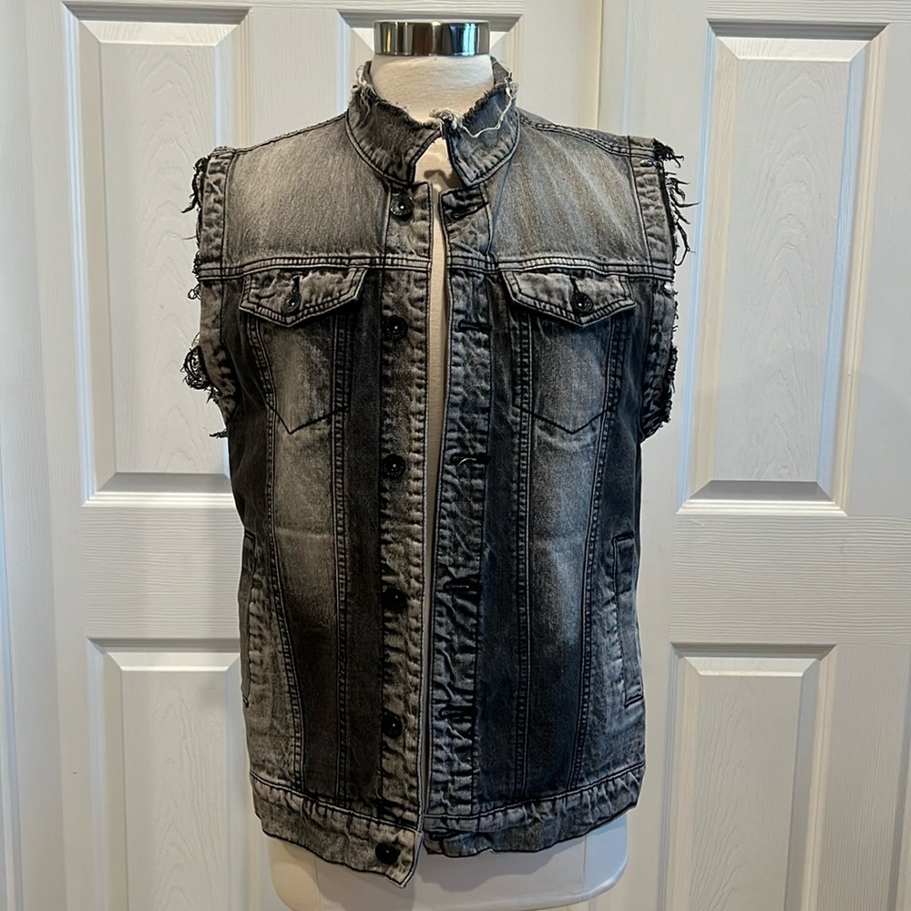 CARBON Gray Distressed Stone Washed Denim Vest